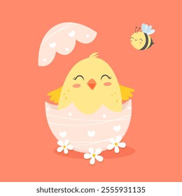 Cute little chick in cracked egg vector graphic illustration. Easter themed, yellow chicken with cracked eggshell, isolated on orange background.