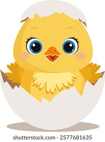 Cute little chick in cracked egg vector graphic illustration. Easter themed, yellow chicken cartoon with cracked eggshell, isolated on orange. Vector illustration in flat design