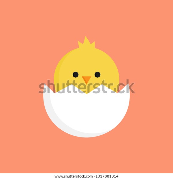 ひび割れた卵のベクター画像グラフィックイラストにかわいい女の子 オレンジの背景にイースターをテーマにした黄色の鶏のカラートーンとひびの入った卵の殻 のベクター画像素材 ロイヤリティフリー