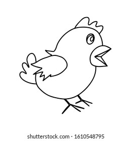 Cute little chick in doodle style isolated on white background.Single hand drawn bird. Outline vector stock illustration. Coloring book.Sign sketch.Farm animal hen. Element for greeting cards,sticker.
