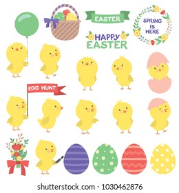 Cute Little Chick Easter Design Set Vector Flat Illustration Isolated on White