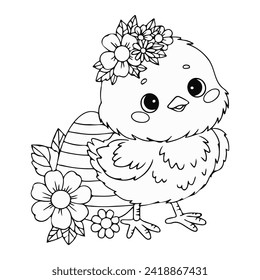 Cute little chick with Easter egg and flowers. Vector illustration. Line drawing, coloring book. Kids holiday collection