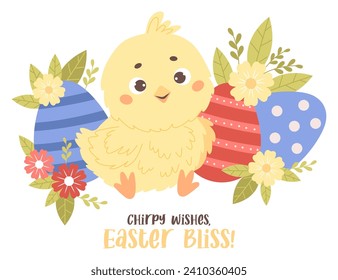Cute little chick with Easter eggs and flowers. Holiday paschal card with bird character. Vector illustration. Kids collection.