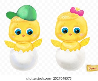 Cute little chick with eggshell. Cartoon newborn baby bird. Greeting card with funny chicken character in a watercolour style. Vector illustration