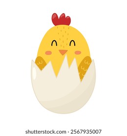 Cute little chick in eggshell. Happy baby chicken hatching from the egg. Farm character isolated on white background. Vector illustration