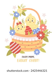 Cute little chick girl and boy in Easter basket with paschal eggs and flowers. Holiday card. Vector illustration. Kids collection