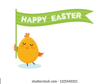 Cute little chick with happy Easter sign- Vector Illustration