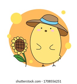 Cute little chick with hat and sunflower