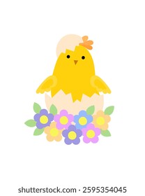 Cute little chick in hatched egg shell, funny yellow flat style cartoon Easter character vector illustration, symbol of festive springtime period clipart for cards, poster, banner, Easter decor