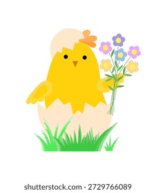Cute little chick in hatched egg shell with flower bouquet, funny cartoon Easter character vector illustration, symbol of festive springtime period clipart for cards, poster, banner, Easter decor