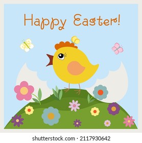 A cute little chick hedged from an egg, a little bird on a green hill with flowers, blue sky and butterflies, Easter greetings, a childish Happy Easter card 