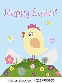 A cute little chick hedged from an egg, a little yellow bird on a green hill with flowers, blue sky and butterflies, Easter greetings, a childish Happy Easter card