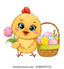 A cute little chick is holding a big tulip. Happy Easter. A funny chicken with a basket of decorated eggs. 