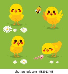 Cute little chick on spring grass with bee and worm on Easter holiday celebration