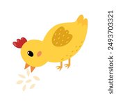 Cute little chick pecking grain in cartoon style. Funny yellow bird eating seeds for baby and kids design. Vector illustration