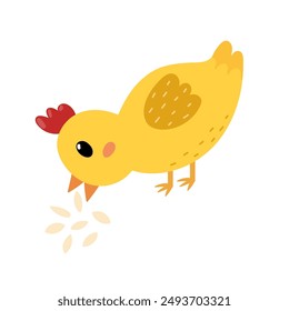 Cute little chick pecking grain in cartoon style. Funny yellow bird eating seeds for baby and kids design. Vector illustration