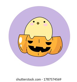 Cute little chick with pumpkin halloween
