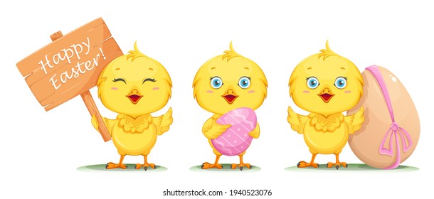 Cute little chick, set of three poses. Happy Easter. Funny baby chicken. Stock vector illustration
