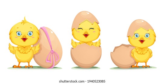 Cute little chick, set of three poses. Happy Easter. Funny baby chicken cartoon character. Stock vector illustration