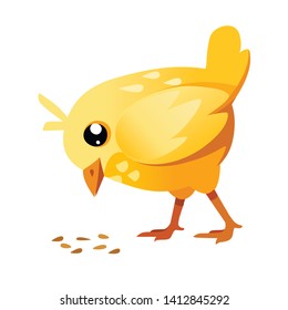 Cute little chick standing and eating crumbs on the floor side view cartoon character design flat vector illustration.