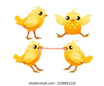 Cute little chick standing and eating worm side view cartoon character design flat vector illustration.