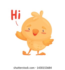 Cute little chick welcomes. Vector illustration on white background.