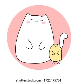 Cute little chick and white cat