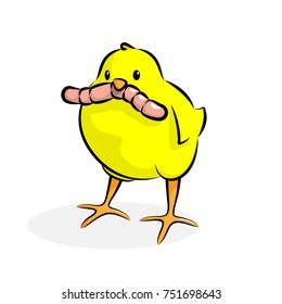 Cute Little Chick With Worm At Beak. Vector Illustration Of A Baby Chicken Caughed A Worm.