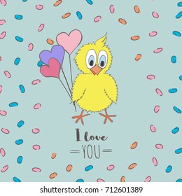 Cute little chicken with balloons, hearts and words I Love You. Vector cartoon illustration can be used for baby t-shirt, print design, baby shower, greeting and invitation card.