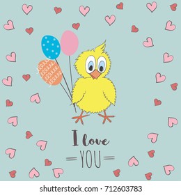 Cute little chicken with balloons, hearts and words I Love You. Vector cartoon illustration can be used for baby t-shirt, print design, baby shower, greeting and invitation card.