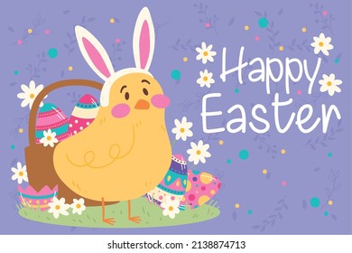Cute little chicken and a basket with painted eggs Easter week Vector