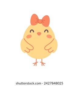 Cute little chicken with bow. Easter chick.  Vector illustration in flat style