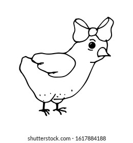 Cute little chicken with a bow on his head, in doodle style. Outline sketch of a chick sign. Coloring book. Design for greeting cards, stickers. Vector illustration on a white isolated background. 