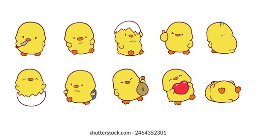 Pequeño Clipart de dibujos animados de pollo lindo, lindo conjunto de animales. Lindo pequeño Pollo ilustración de dibujos animados Imagen de Vector. perfecto para pegatinas, estampados para ropa, páginas para colorear.