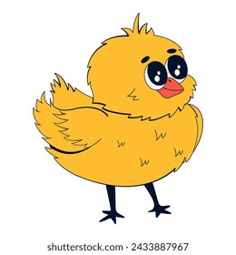 Cute little chicken character in retro cartoon style. Vector illustration of a small yellow bird on a white isolated background.