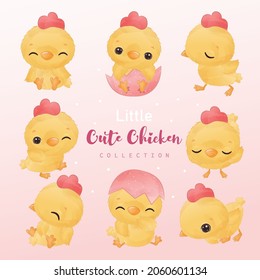 Cute little chicken clipart set in watercolor