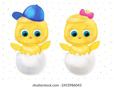 Cute little chicken with eggshell. Cartoon newborn baby bird. Greeting card with funny chicken character in a watercolour style. Vector illustration.