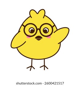 Cute little chicken in glasses cartoon character isolated on white background. Vector art illustration in flat style. A separate element for your design.