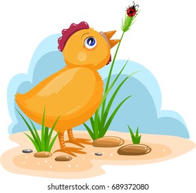 Cute little chicken illustration on a clearing