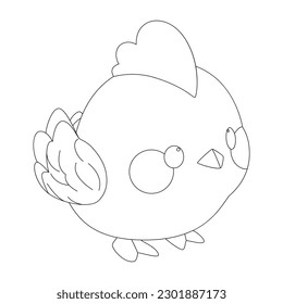 Cute little chicken with a kind smiling face and big eyes. Vector pet illustration drawn in a simple graphic outline style. Coloring book page design