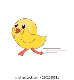 a cute little chicken in the role of a man. new trends in depicting people's lives through simple and funny forms. The chick got scared and runs away