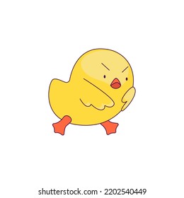 a cute little chicken in the role of a man. new trends in depicting people's lives through simple and funny forms. The chick goes dissatisfied