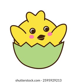 Cute little chicken, sitting in shell, cartoon character isolated on white background. Vector art illustration in flat style. A separate element for your design.