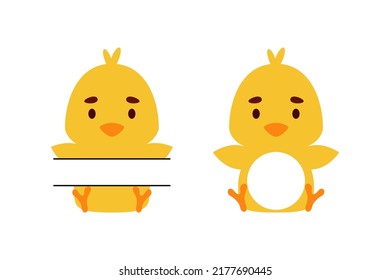 Cute little chicken split monogram. Funny cartoon character for kids t-shirts, nursery decoration, baby shower, greeting cards, invitations, scrapbooking, home decor. Vector stock illustration
