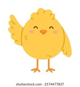 Cute little chicken waving. Childish print for nursery, kids apparel, poster and postcard. Flat isolated vector illustration