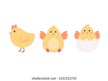 Pequeña colección de gallinas. Personajes de Pascua. Ilustración vectorial dibujada por mano