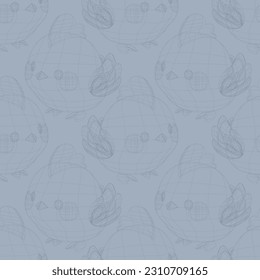 Cute little chickens with a kind smiling face and big eyes. Vector repeated seamless pattern drawn in an outline 3d mesh style