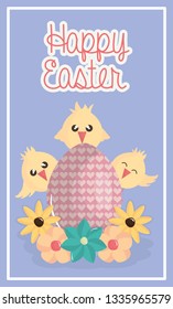 cute little chicks with egg painted and flowers