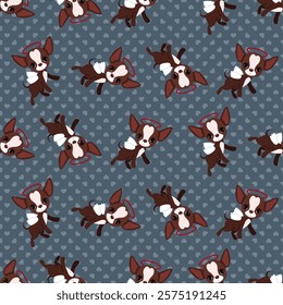 Cute little chihuahua cupids with wings on hearts background in seamless pattern