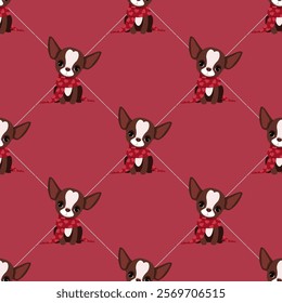 Cute little chihuahua dogs in red scarves with hearts in seamless pattern for Valentine's Day